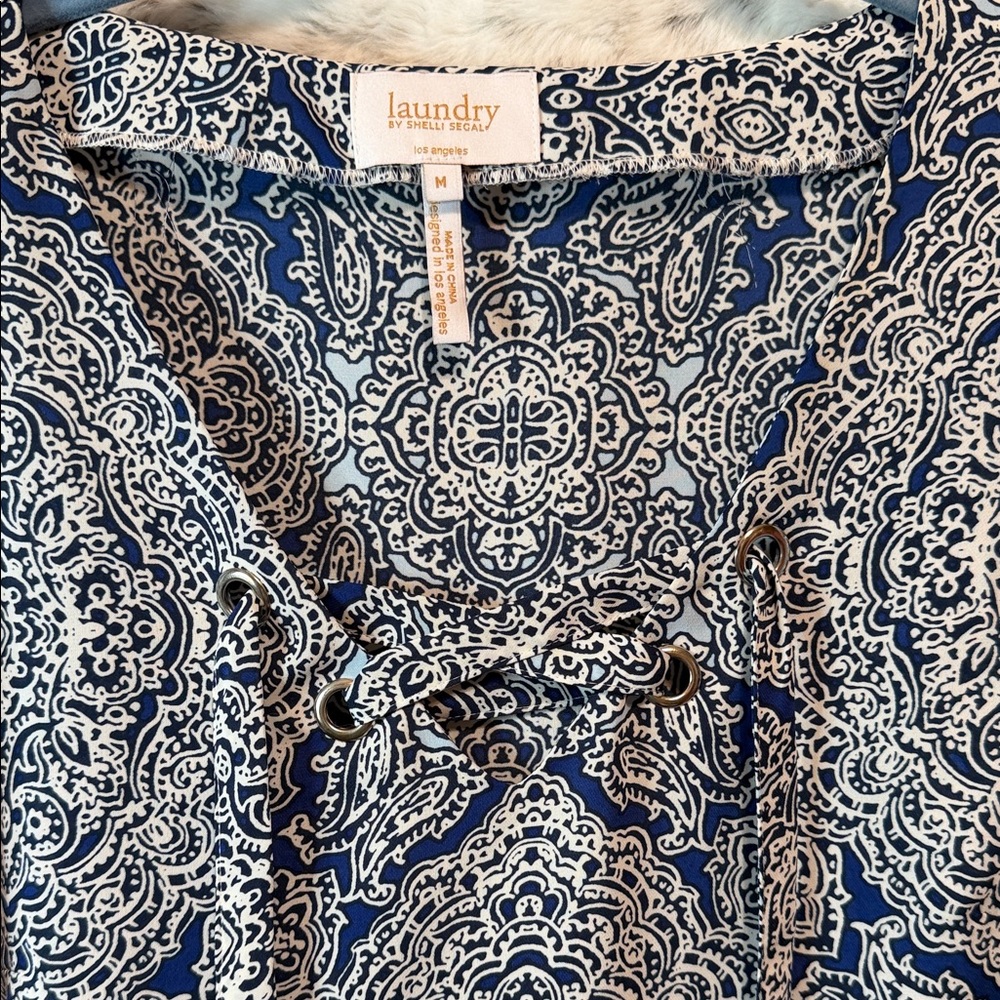 Laundry by Shelli Segal Blue and White Bohemian Blouse M - Picture 3 of 5